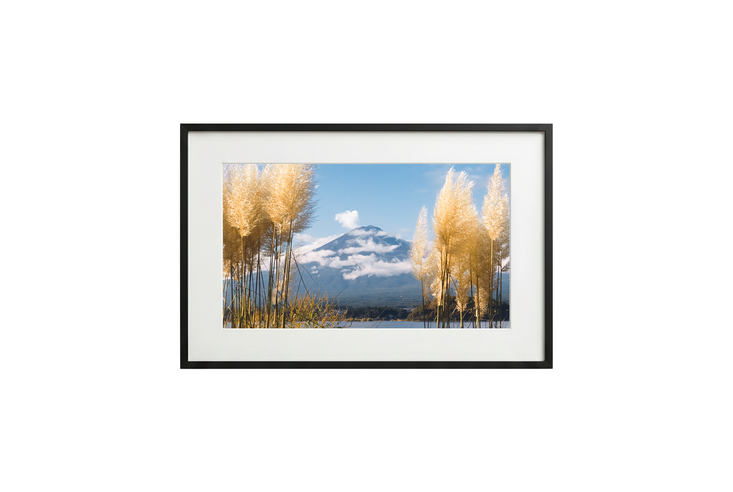 Framed picture of a mountain landscape with trees on a white background