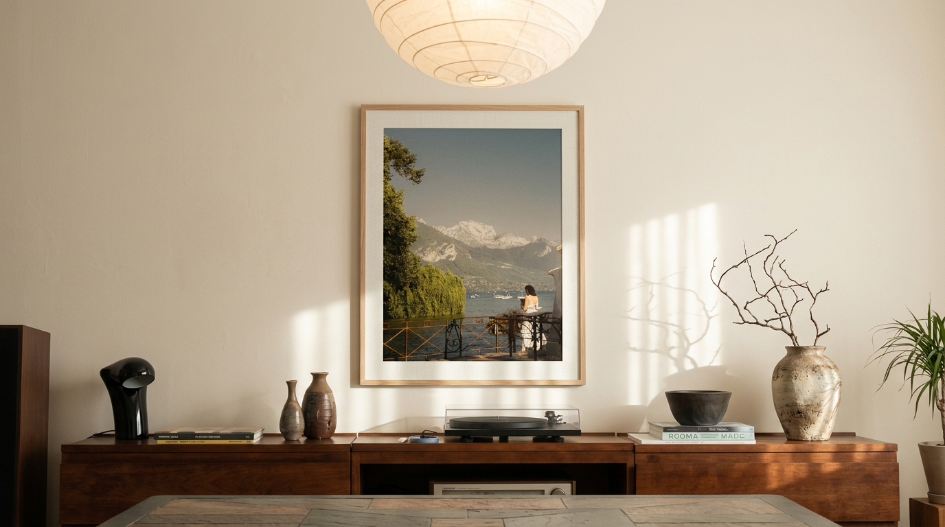 This alpine lake wall art print features serene blue tones, mountain landscapes, and a peaceful waterside setting, making it ideal for minimalist and modern interiors. Inspired by European lakeside scenery, this fine art photography print brings calm, light, and openness into your home. Perfect for those seeking tranquil wall art, mountain lake decor, or serene nature photography for living rooms and bedrooms