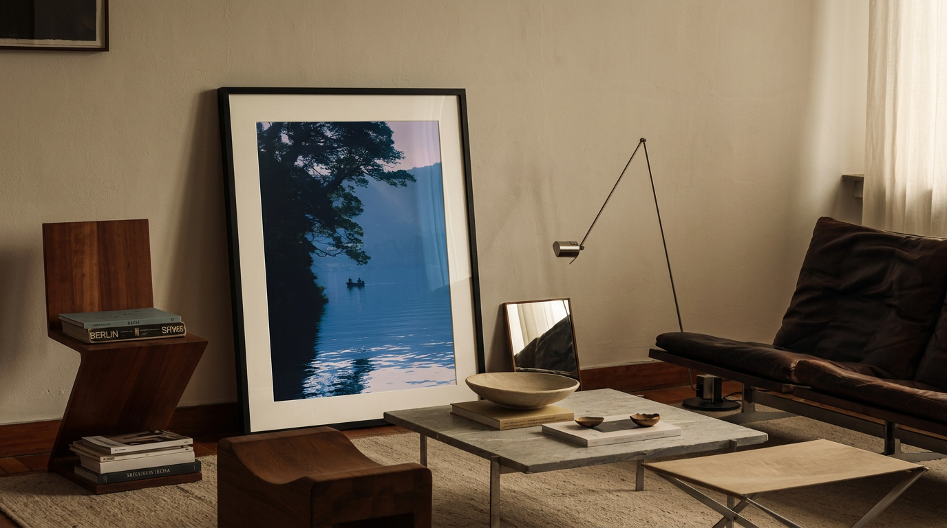 This minimalist lake photography print features a serene blue-toned landscape with a boat silhouette, making it perfect for calm wall art, Japandi decor, and modern minimalist interiors. Ideal for bedrooms, living rooms, and offices, this premium fine art print brings a peaceful, reflective atmosphere through soft blue hues and natural composition.