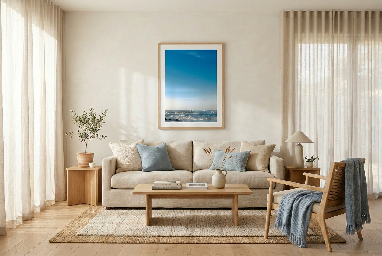This minimalist ocean photography print features a serene blue seascape with a distant surfer, making it ideal for coastal wall art, calm interior design, and modern minimalist decor. Designed for those seeking premium fine art prints with soft blue tones, it enhances living rooms, bedrooms, and office spaces with a sense of tranquility and refined simplicity.