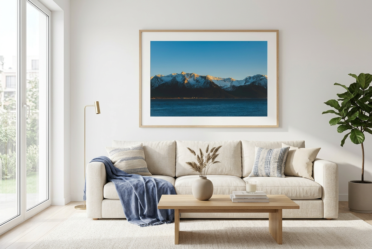 This calming mountain and ocean wall art print features a minimalist landscape with blue tones and soft natural light. Perfect for modern, coastal, or Scandinavian-inspired interiors, it brings a peaceful atmosphere to any space.