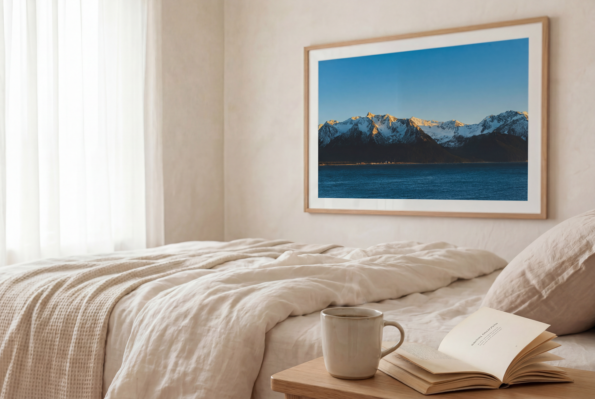 This calming mountain and ocean wall art print features a minimalist landscape with blue tones and soft natural light. Perfect for modern, coastal, or Scandinavian-inspired interiors, it brings a peaceful atmosphere to any space.