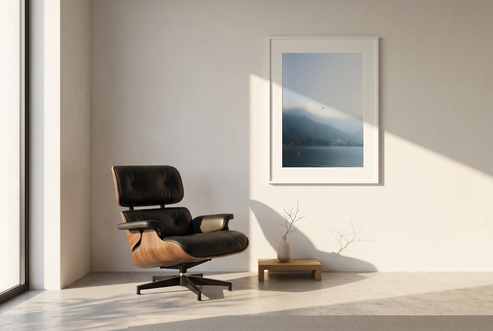 Modern chair in a minimalistic room with a framed picture on the wall.