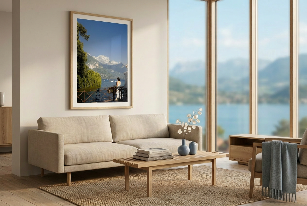 Modern living room with a beige sofa, wooden coffee table, and large windows overlooking a scenic view.