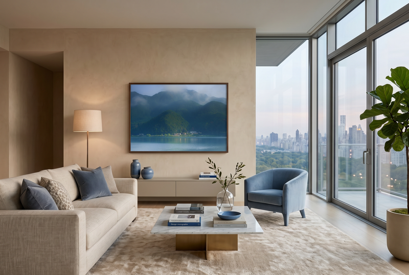 Modern living room with a large TV displaying a calming mountain scene, a beige sofa, and a cityscape view.