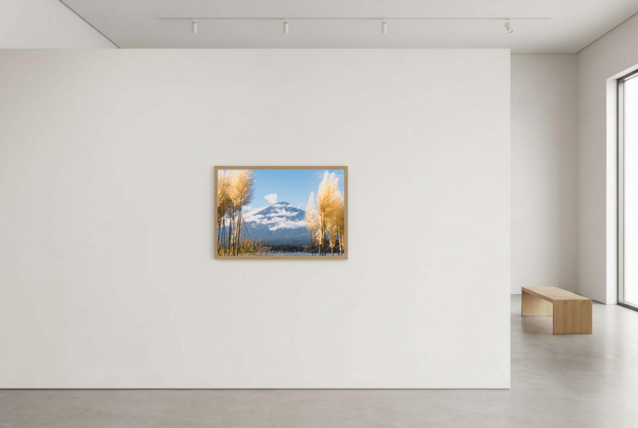 This Mount Fuji wall art print features a serene Japanese landscape with soft blue tones, golden natural elements, and a minimalist composition. Perfect for Japandi and modern interiors, this fine art photography print brings calm and balance into your space. Ideal for those seeking tranquil wall art, minimalist nature decor, or peaceful mountain photography for living rooms, bedrooms, and meditation spaces.