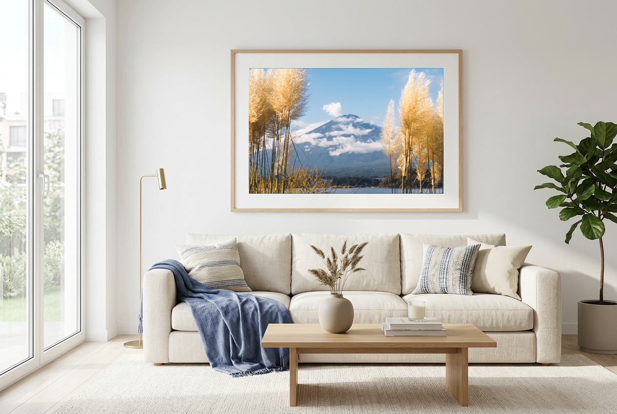 This Mount Fuji wall art print features a serene Japanese landscape with soft blue tones, golden natural elements, and a minimalist composition. Perfect for Japandi and modern interiors, this fine art photography print brings calm and balance into your space. Ideal for those seeking tranquil wall art, minimalist nature decor, or peaceful mountain photography for living rooms, bedrooms, and meditation spaces.