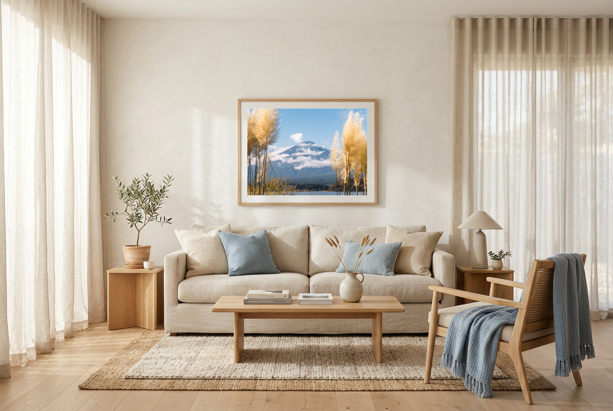 This Mount Fuji wall art print features a serene Japanese landscape with soft blue tones, golden natural elements, and a minimalist composition. Perfect for Japandi and modern interiors, this fine art photography print brings calm and balance into your space. Ideal for those seeking tranquil wall art, minimalist nature decor, or peaceful mountain photography for living rooms, bedrooms, and meditation spaces.