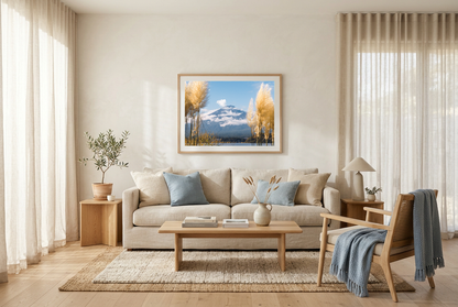 This Mount Fuji wall art print features a serene Japanese landscape with soft blue tones, golden natural elements, and a minimalist composition. Perfect for Japandi and modern interiors, this fine art photography print brings calm and balance into your space. Ideal for those seeking tranquil wall art, minimalist nature decor, or peaceful mountain photography for living rooms, bedrooms, and meditation spaces.
