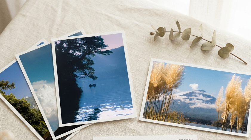 Set of postcards with scenic views on a wooden surface with a pen and decorative elements.