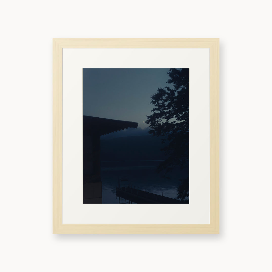 
A Daimyo’s Night — 11x14, maple frame. Moon beside a dark roofline and leafy branches reflected in still water.