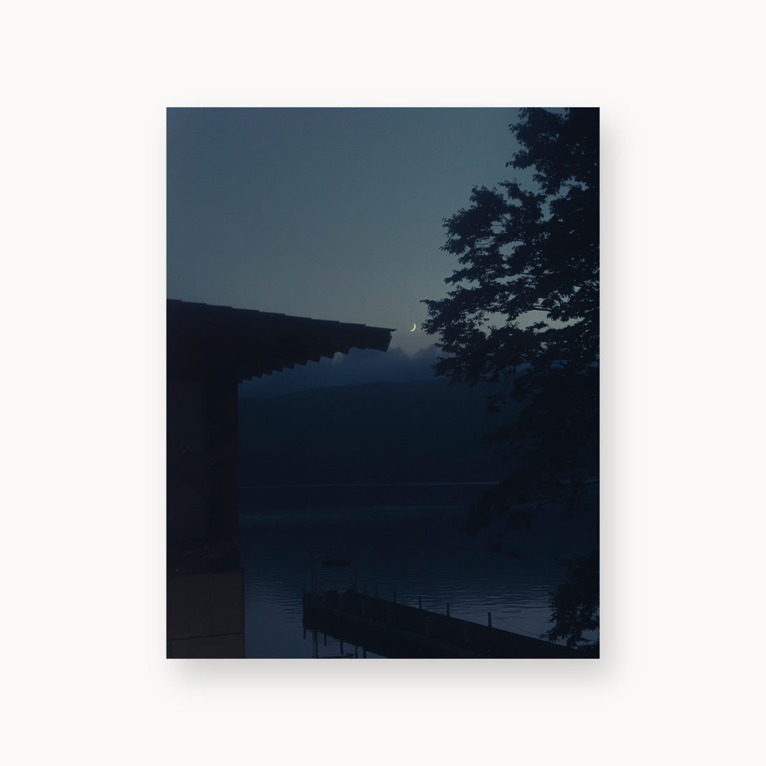 
A Daimyo’s Night — 11x14, unframed. Moon beside a dark roofline and leafy branches reflected in still water.