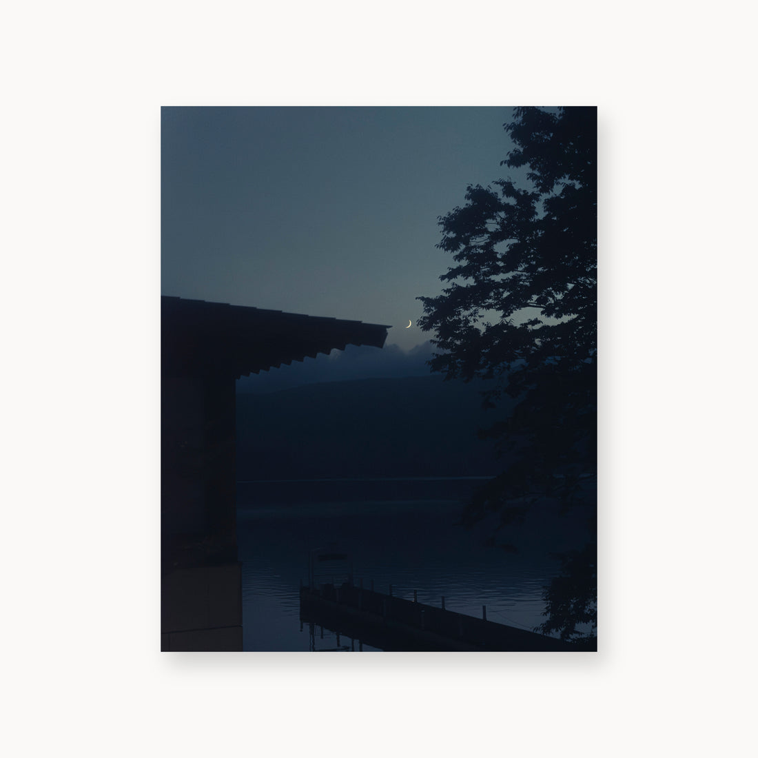 
A Daimyo’s Night — 16x20, unframed. Moon beside a dark roofline and leafy branches reflected in still water.