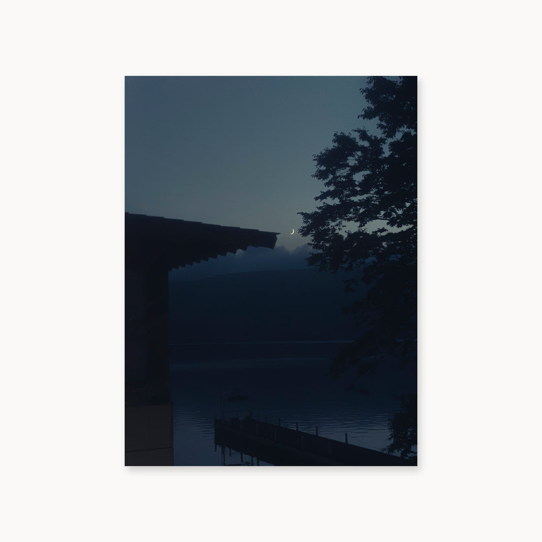 
A Daimyo’s Night — 30x40, unframed. Moon beside a dark roofline and leafy branches reflected in still water.