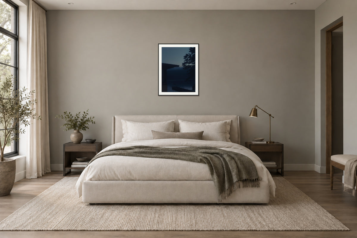 
A Daimyo's Night fine art print, 30×40 in black frame, bedroom mockup