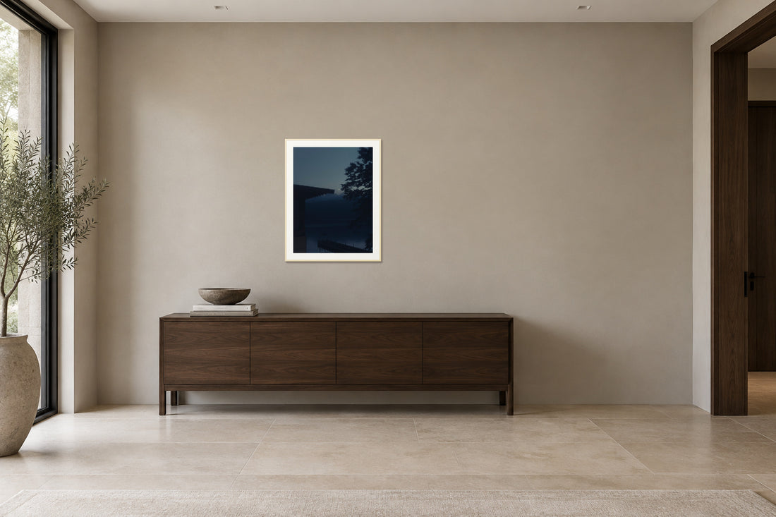 
A Daimyo's Night fine art print, 30×40 in maple frame, hallway mockup