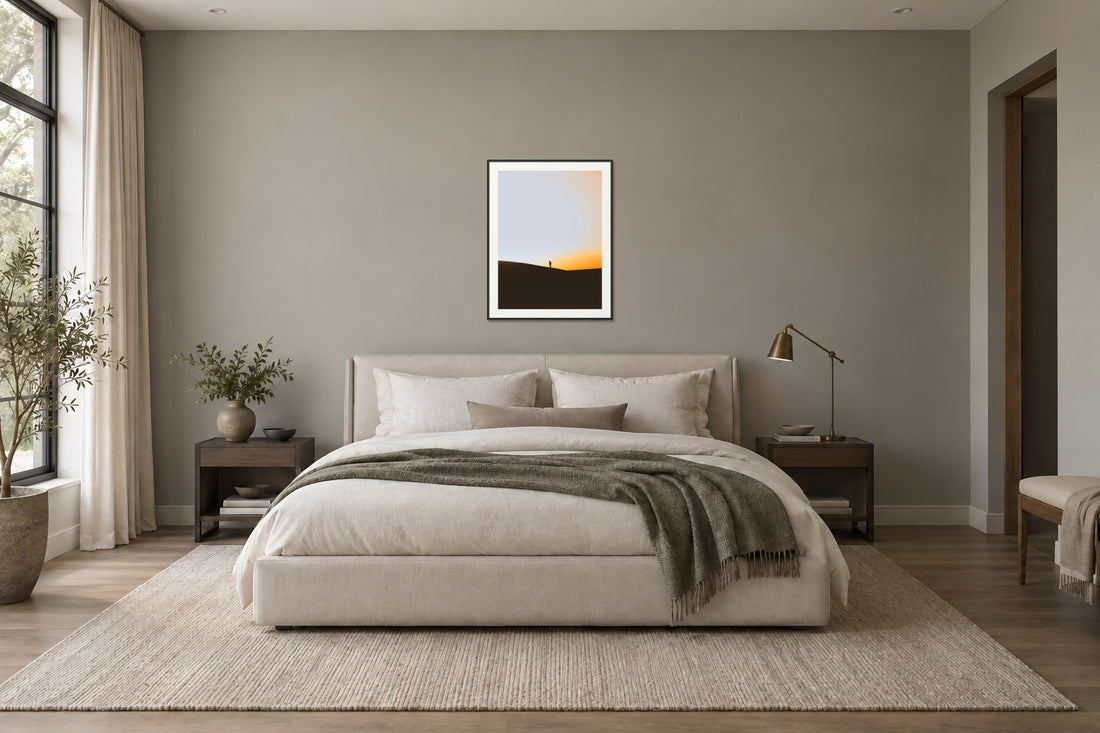 
Adventure Calls fine art print, 30×40 in black frame, bedroom mockup
