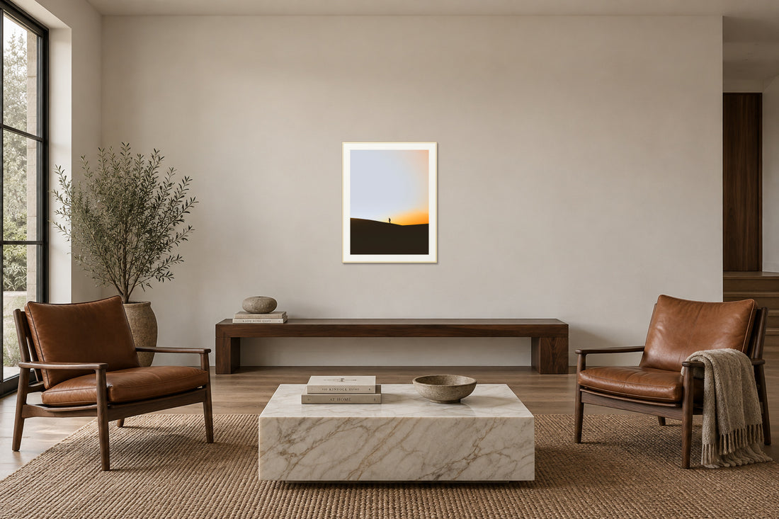 
Adventure Calls fine art print, 30×40 in maple frame, sitting room mockup
