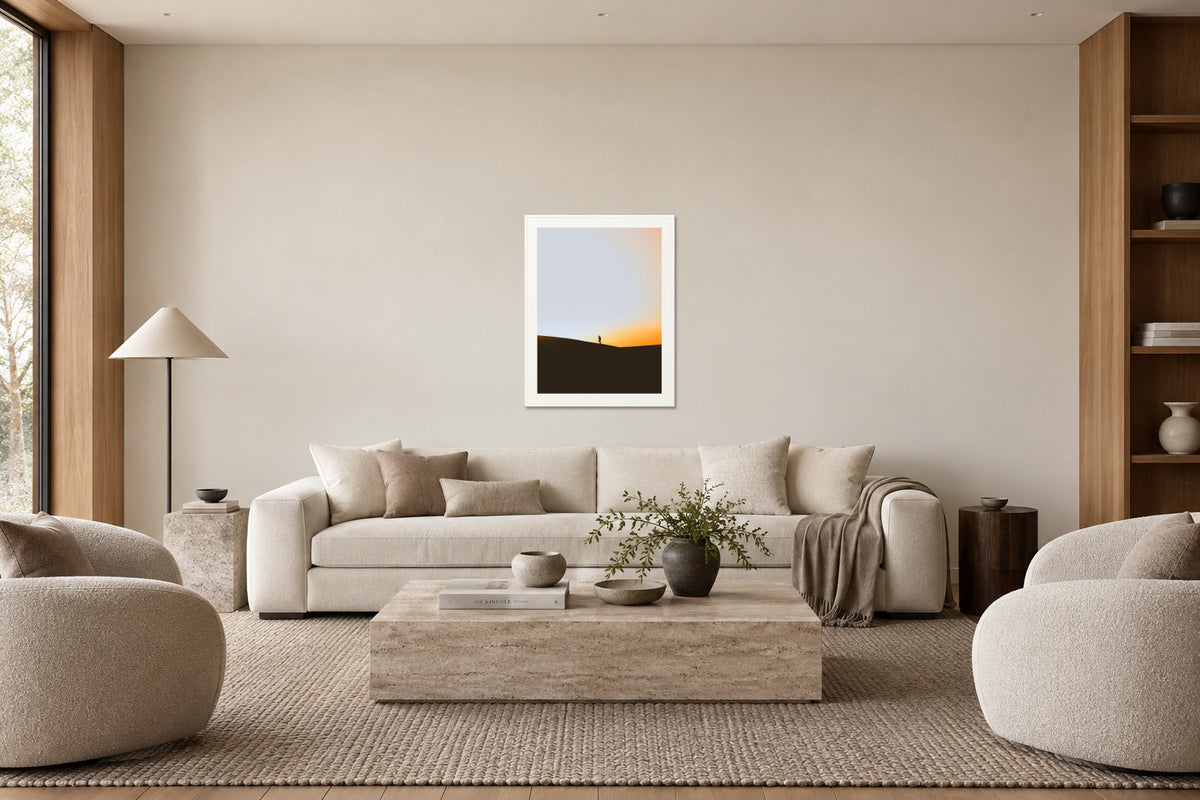 
Adventure Calls fine art print, 30×40 in white frame, living mockup