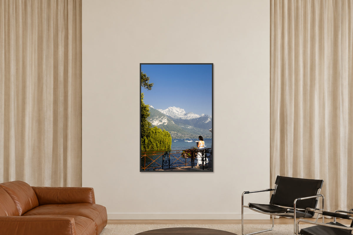 
Blue Hour Promenade fine art photograph in a 40×60 black frame in a sitting room.