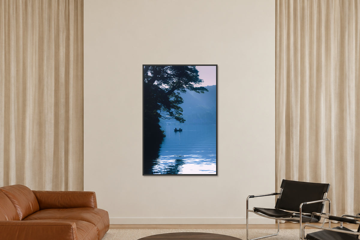 
Blue Lake fine art photograph in a 40×60 black frame in a sitting room.