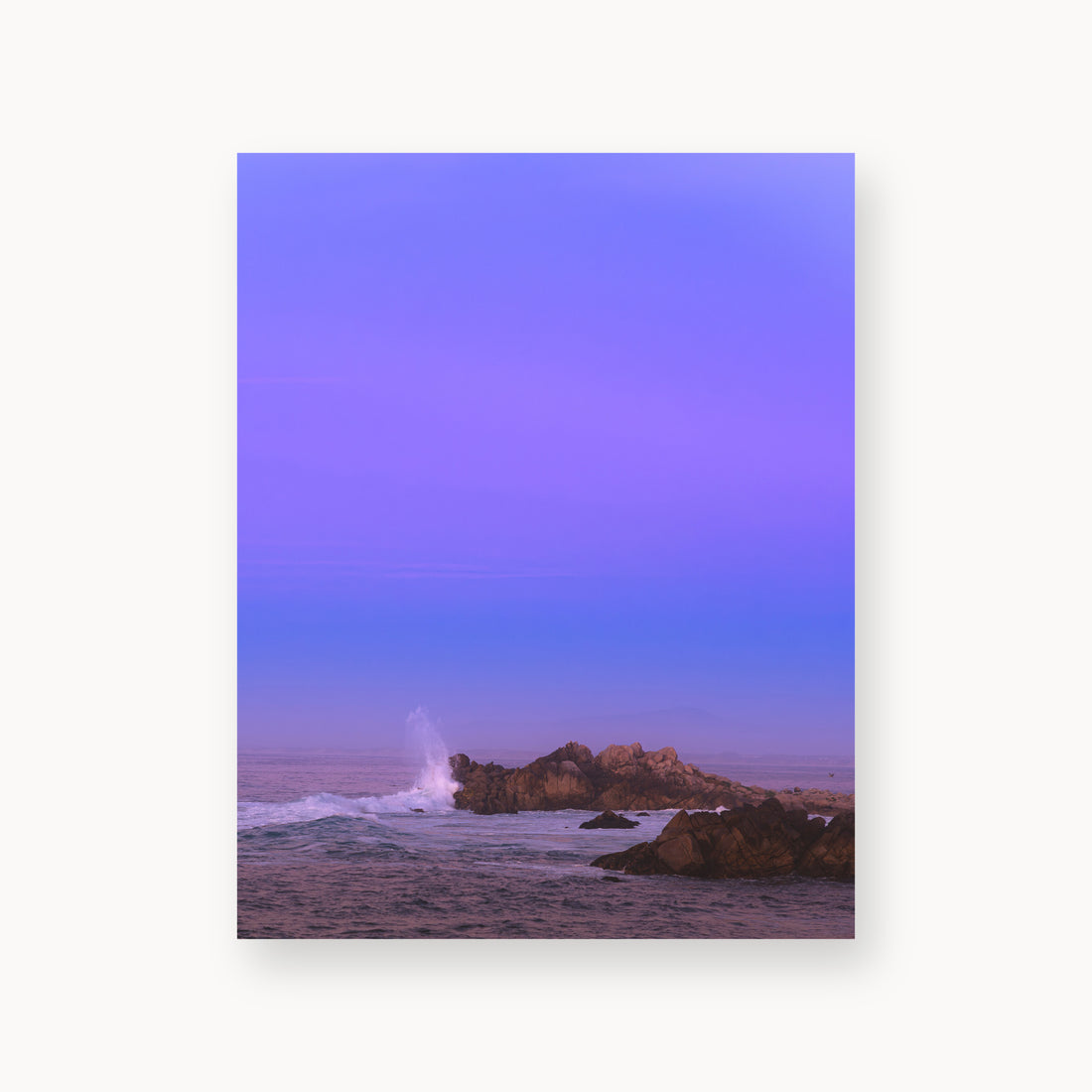 
Bonbon Beach — 11x14, unframed. A breaking wave and rocky shoreline beneath a broad violet sky.