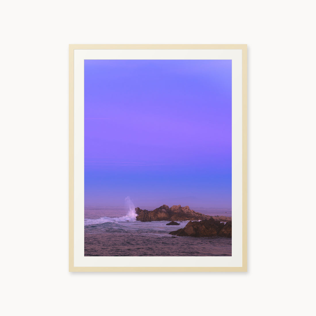 
Bonbon Beach — 30x40, maple frame. A breaking wave and rocky shoreline beneath a broad violet sky.