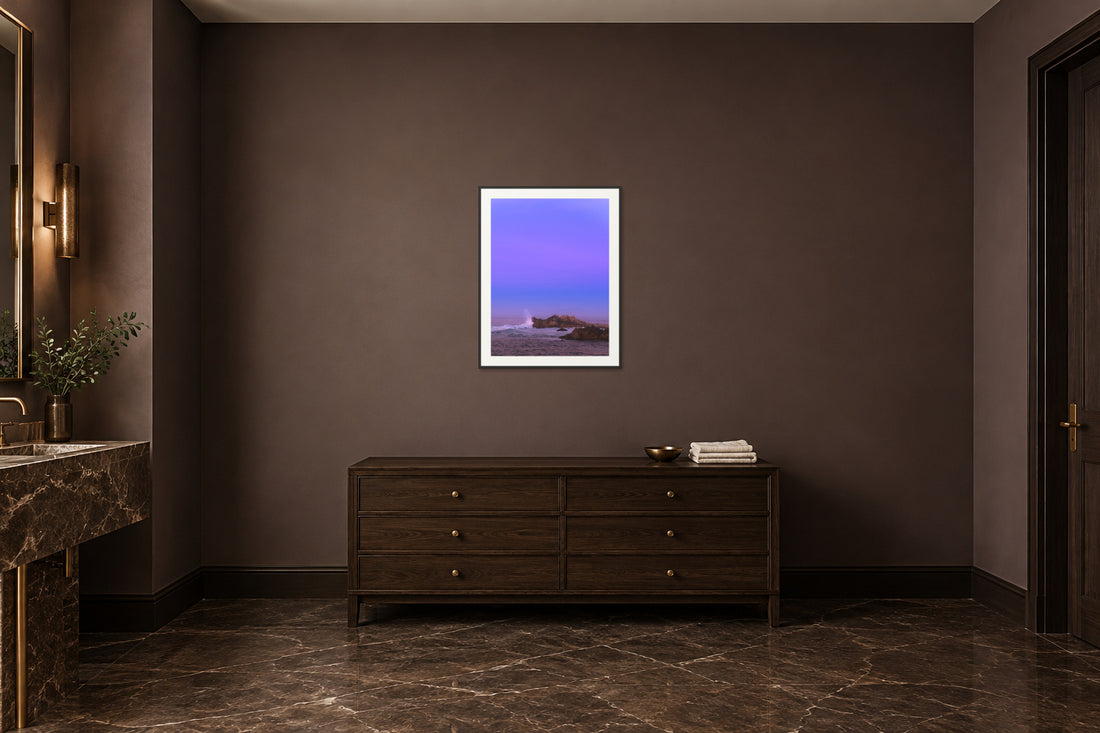 
Bonbon Beach fine art print, 30×40 in black frame, powder room mockup