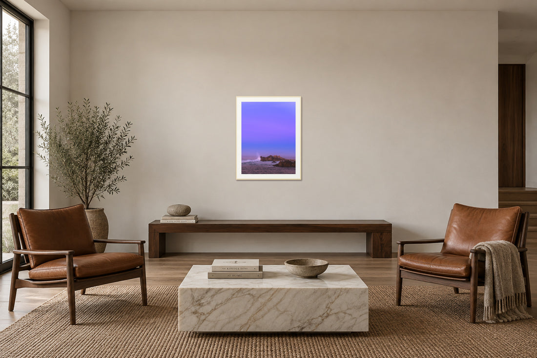 
Bonbon Beach fine art print, 30×40 in maple frame, sitting room mockup