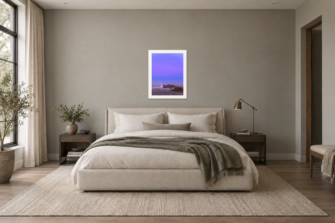 
Bonbon Beach fine art print, 30×40 in white frame, bedroom mockup