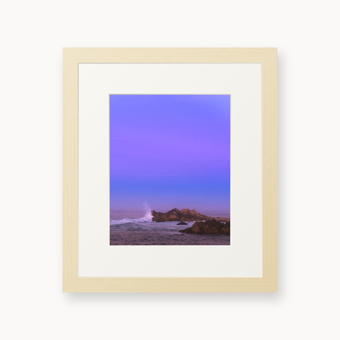 
Bonbon Beach — 8x10, maple frame. A breaking wave and rocky shoreline beneath a broad violet sky.