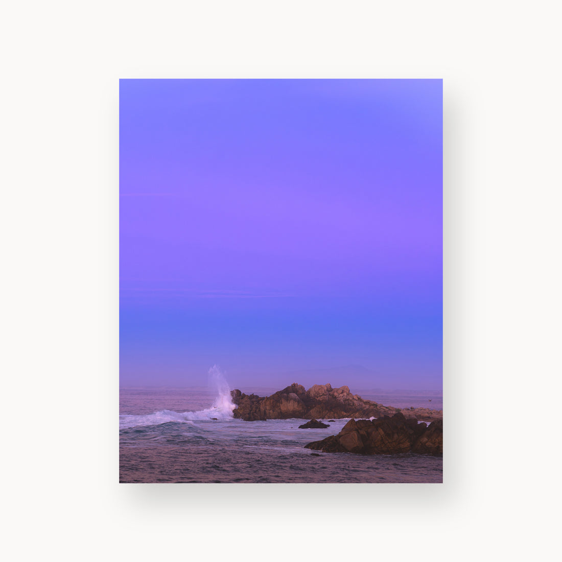 
Bonbon Beach — 8x10, unframed. A breaking wave and rocky shoreline beneath a broad violet sky.
