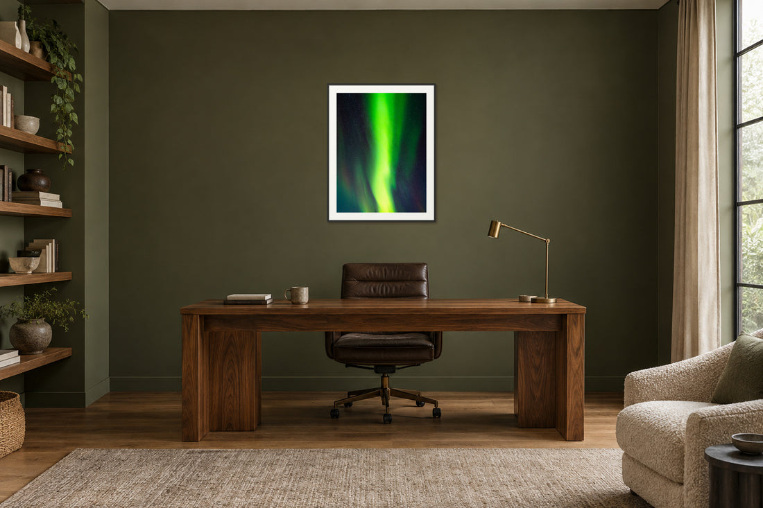 
Cosmic Curtain fine art print, 30×40 in black frame, office mockup