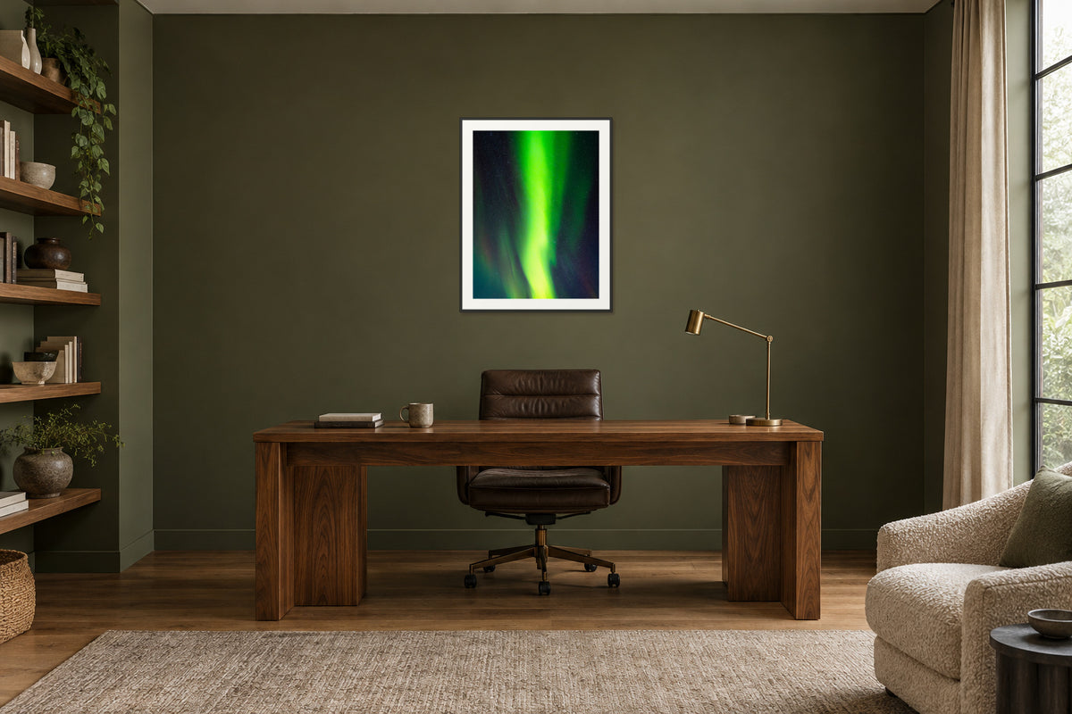 
Cosmic Curtain fine art print, 30×40 in black frame, office mockup