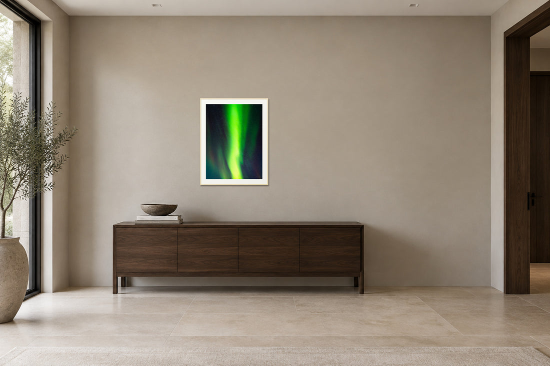 
Cosmic Curtain fine art print, 30×40 in maple frame, hallway mockup