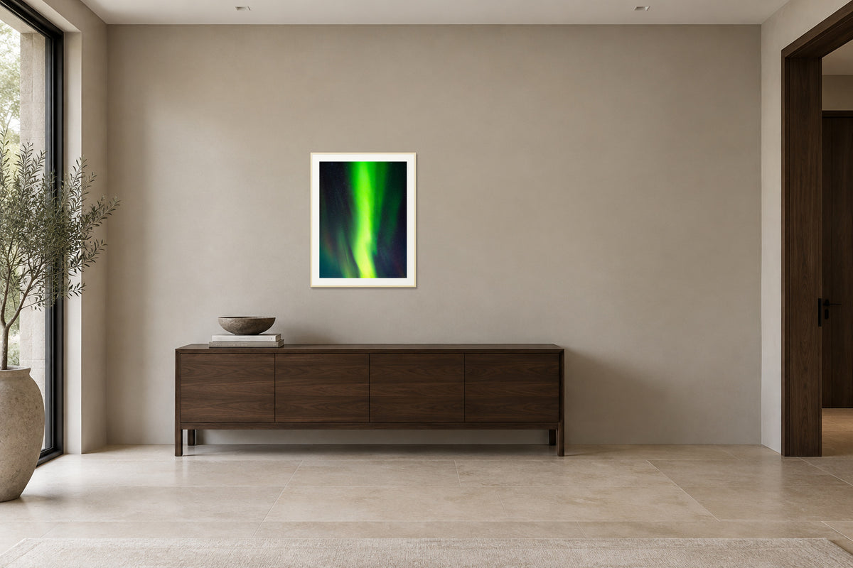 
Cosmic Curtain fine art print, 30×40 in maple frame, hallway mockup