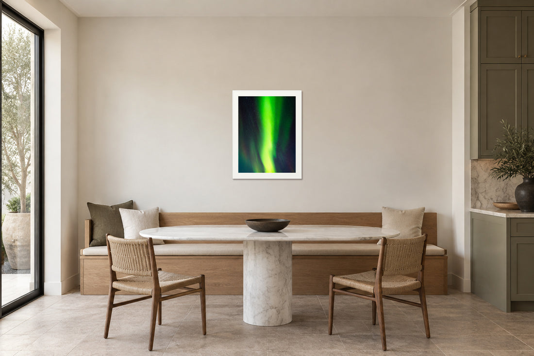 
Cosmic Curtain fine art print, 30×40 in white frame, kitchen mockup