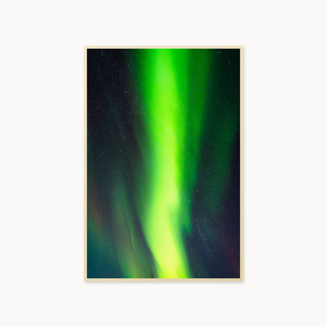 
Cosmic Curtain — 40x60, maple frame. A vivid green aurora crossing a star-filled night sky.