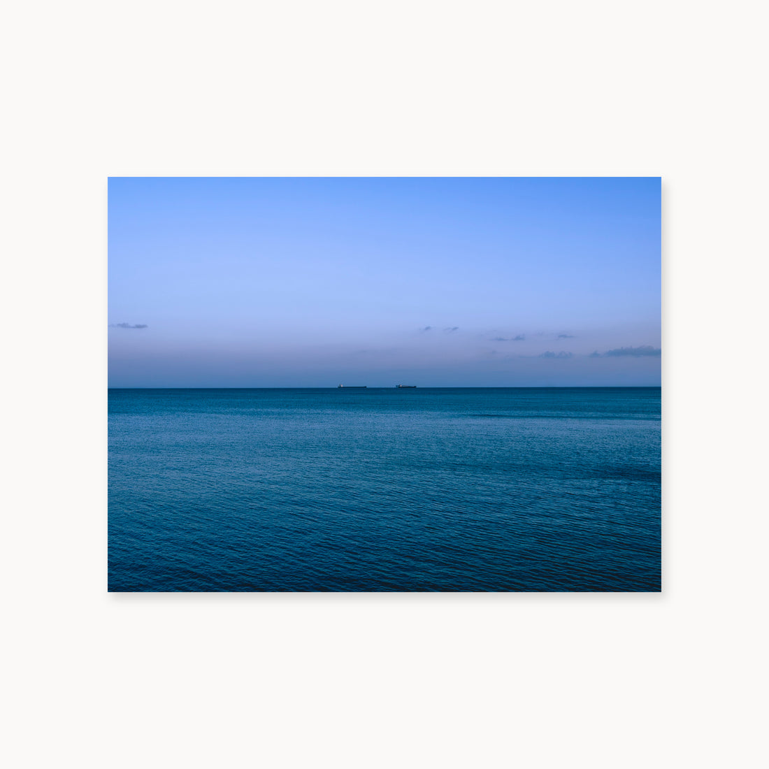 
Deux Bateaux Passants — 30x40, unframed. Two distant vessels along the horizon above a calm blue sea.