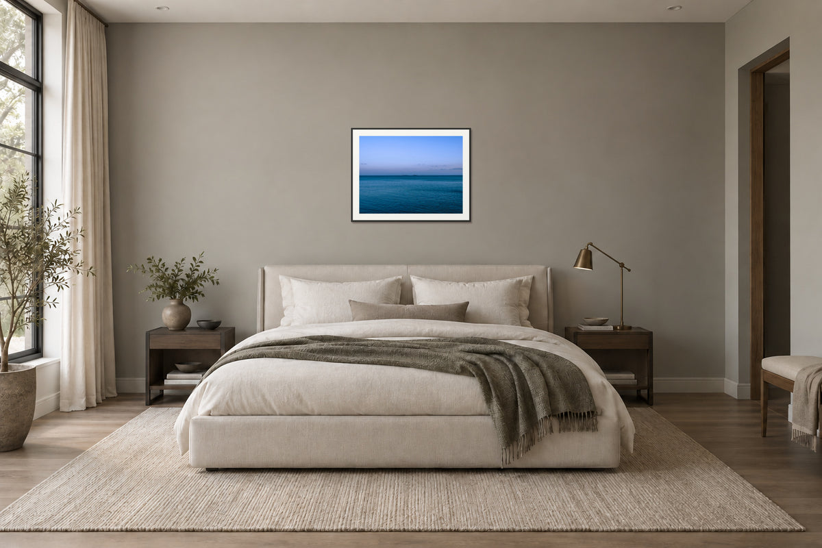 
Deux Bateaux Passants fine art print, 30×40 in black frame, bedroom mockup