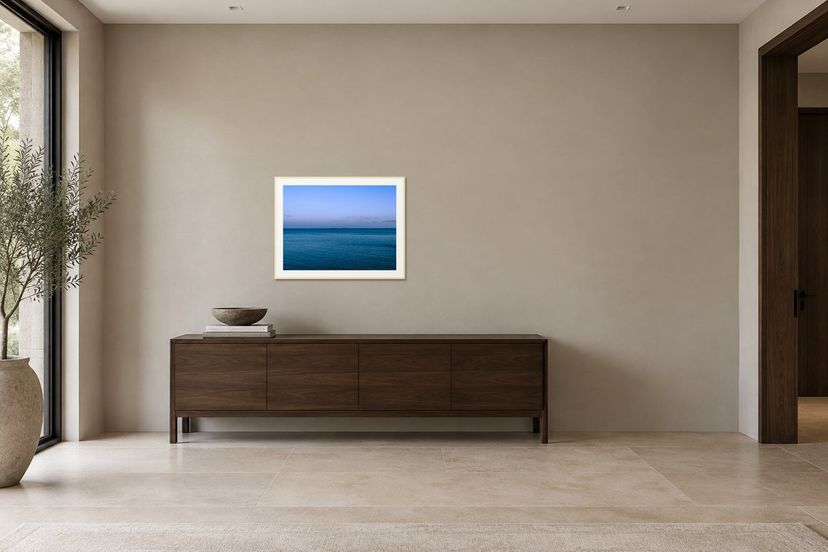 
Deux Bateaux Passants fine art print, 30×40 in maple frame, hallway mockup