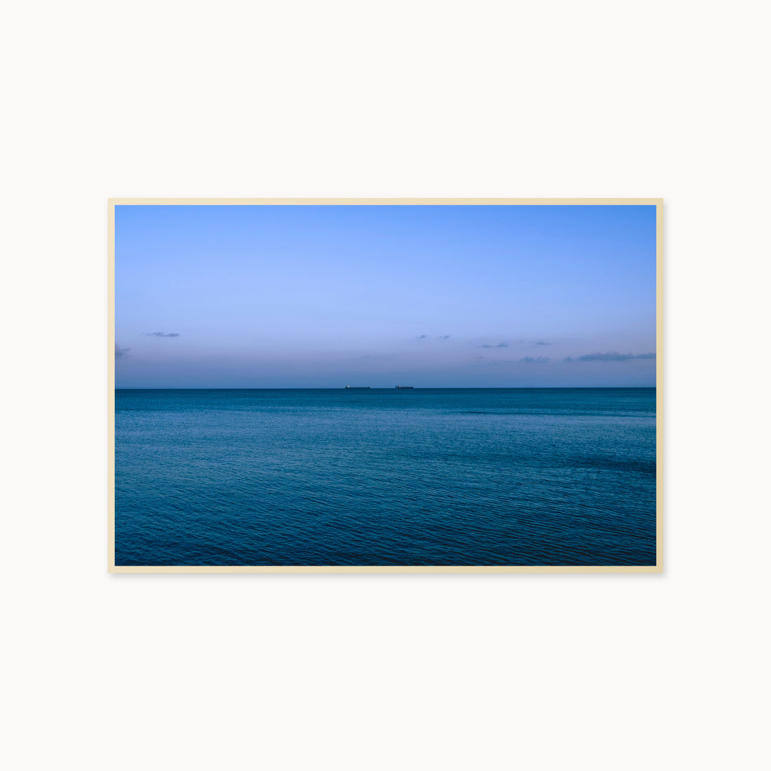 
Deux Bateaux Passants — 40x60, maple frame. Two distant vessels along the horizon above a calm blue sea.