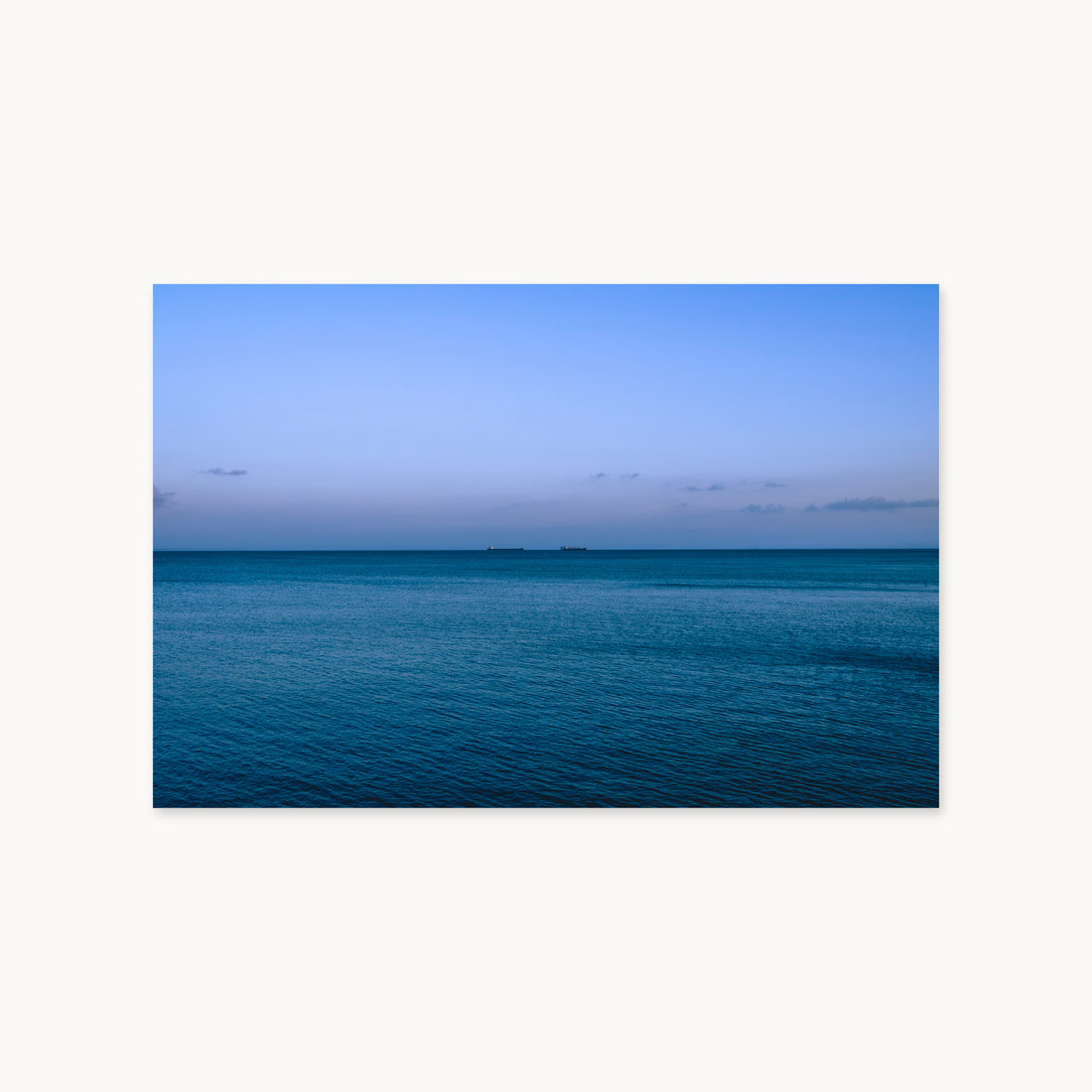 
Deux Bateaux Passants — 40x60, unframed. Two distant vessels along the horizon above a calm blue sea.