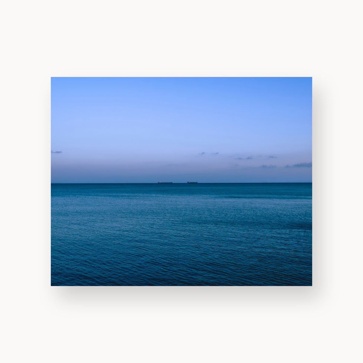 
Deux Bateaux Passants — 8x10, unframed. Two distant vessels along the horizon above a calm blue sea.