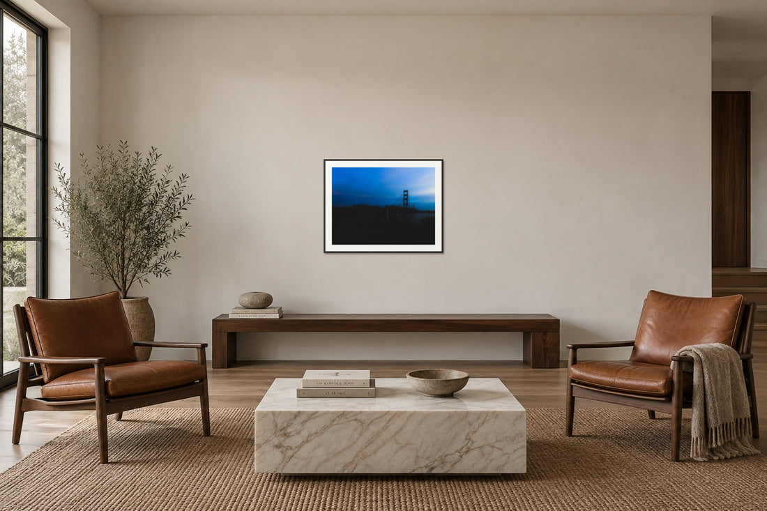 
Golden Gate Blues fine art print, 30×40 in black frame, sitting room mockup