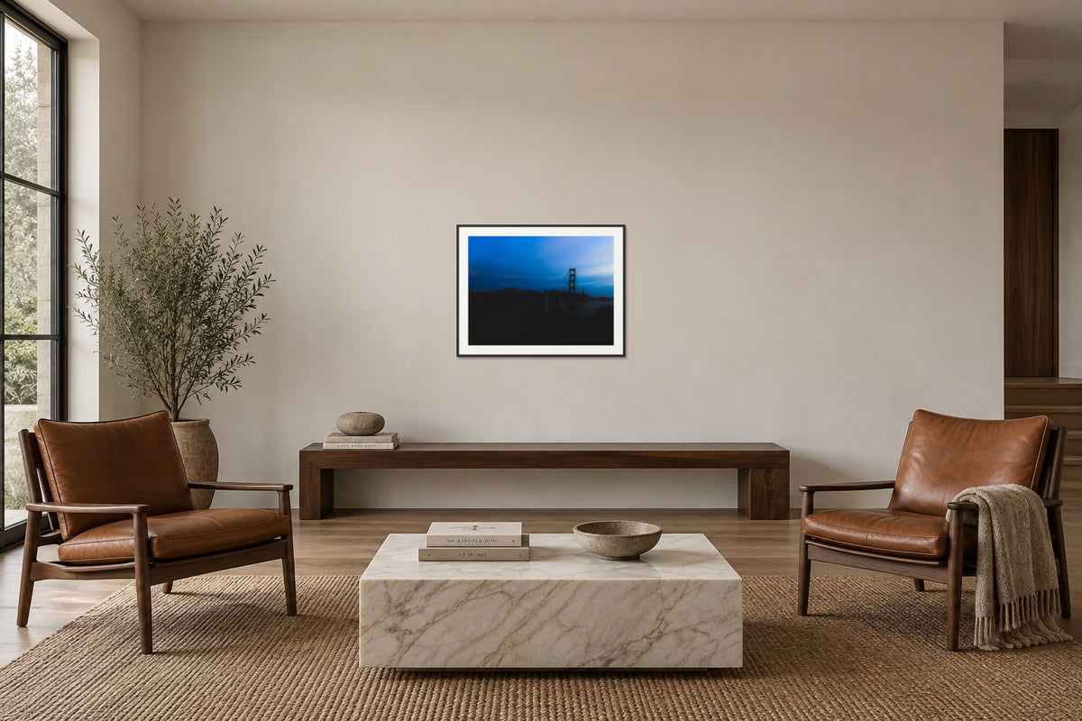 
Golden Gate Blues fine art print, 30×40 in black frame, sitting room mockup