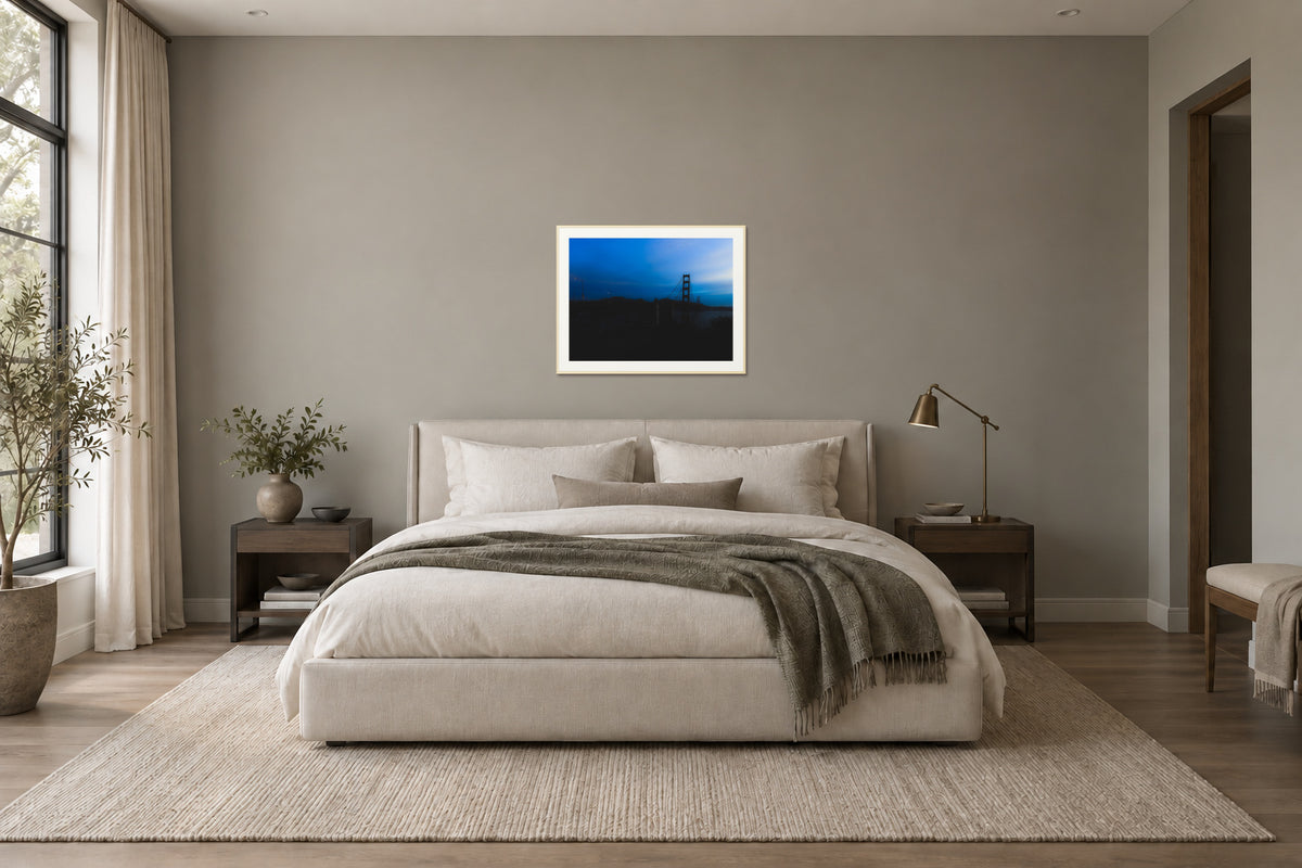 
Golden Gate Blues fine art print, 30×40 in maple frame, bedroom mockup