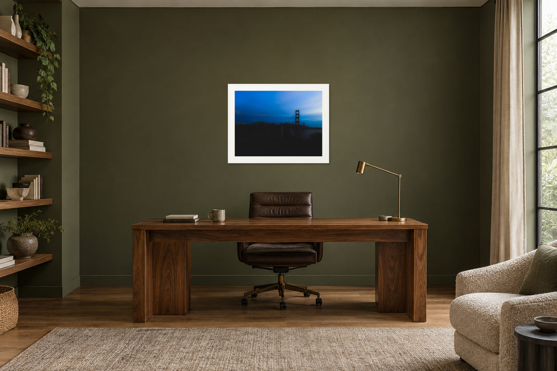 
Golden Gate Blues fine art print, 30×40 in white frame, office mockup