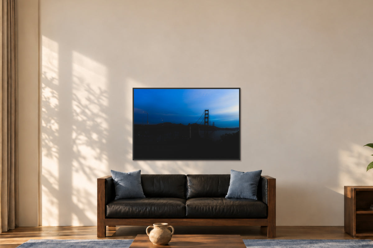 
Golden Gate Blues fine art photograph in a 40×60 black frame in a lounge.