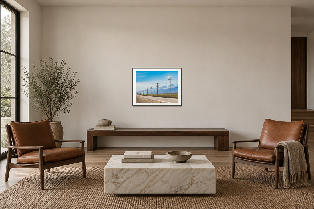 
Goin' West fine art print, 30×40 in black frame, sitting room mockup